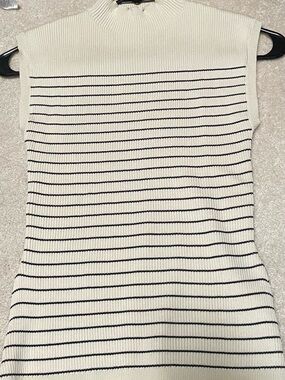 Cream and Black Striped Sleeveless Knit Top with side slits at waist!